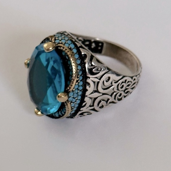 925 Silver ring aquamarine blue oval and small turquoise stones